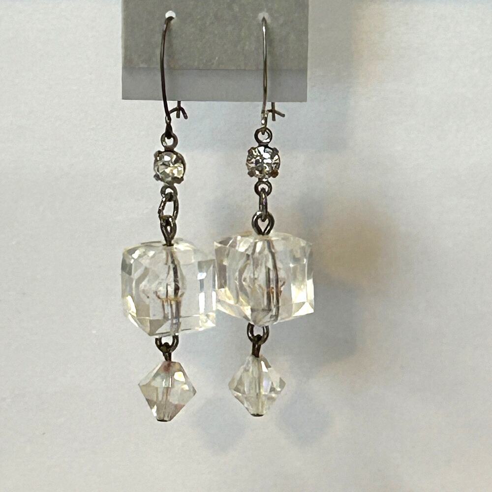 Vintage Clear Glass, Rhinestone Faceted‎ Cube Wire Earrings